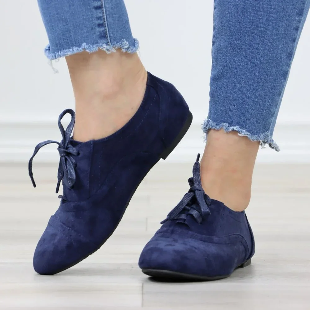 Navy Faux Suede Lace up Oxford Style Shoes Flats - Picture 10 of 12